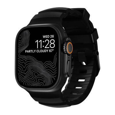 Спортивный ремешок Nomad Rocky Point Band Special Edition Carbon Black для Apple Watch 44, 45, 46 мм и Ultra 2–3 Водостойкий ремешок из фторэластомера с классической застёжкой из титана 5-го класса. На запястье обхватом 145–195 мм