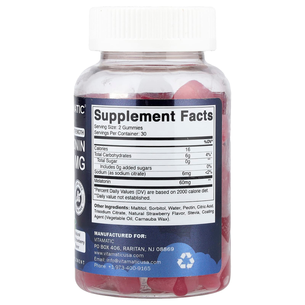 Vitamatic, мелатонин, жевательные таблетки, с натуральным вкусом клубники, без сахара, 60 мг, 60 жевательных таблеток