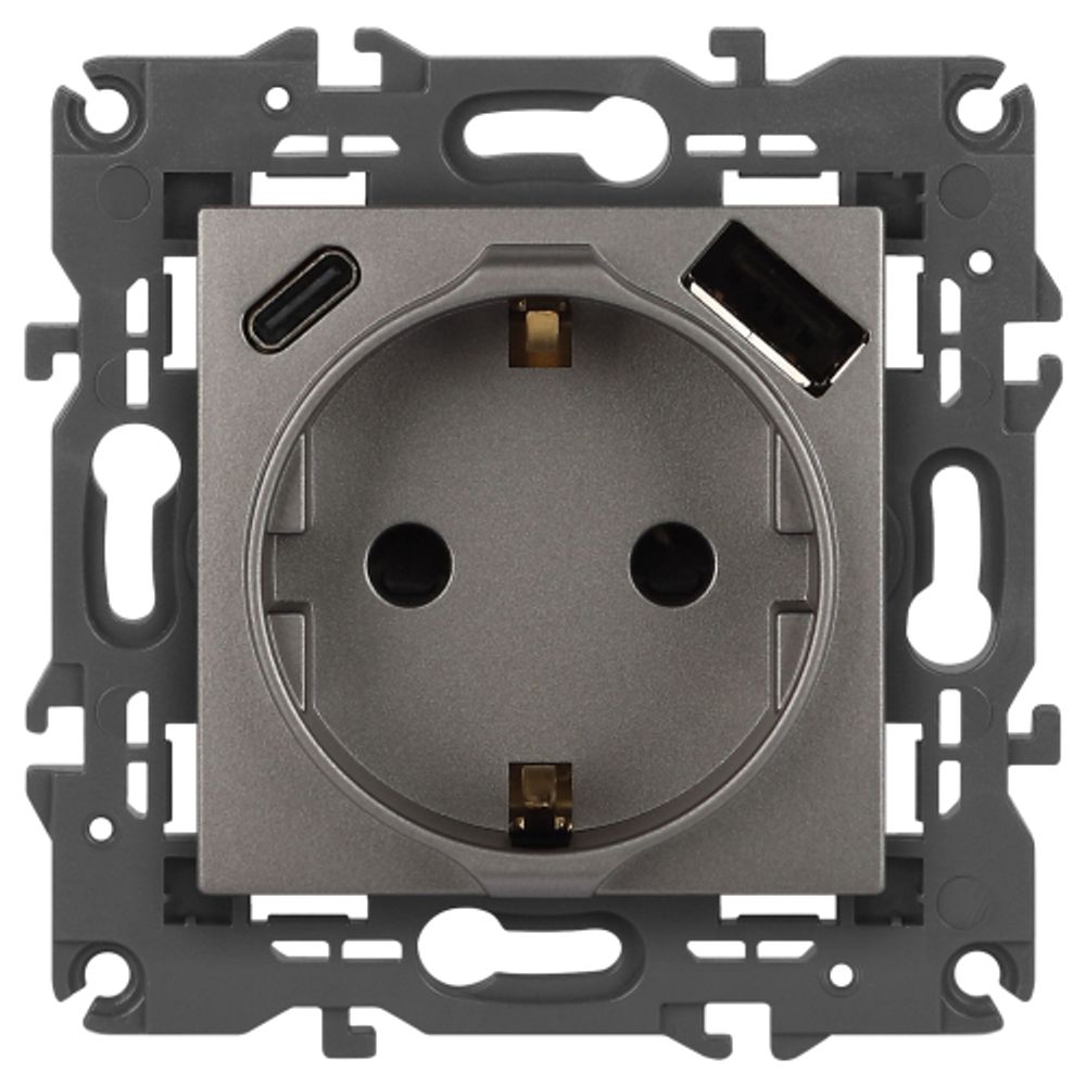 Розетка ЭРА Elegance 14-4108-16 2P+E 16A-250В со шторками с USB type-A+C 5В-3А титан