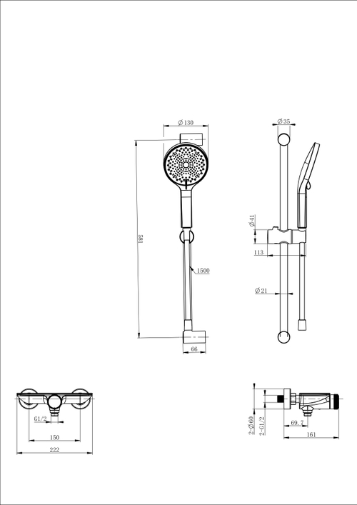 Смеситель для душа с гарнитуром WONZON & WOGHAND ClickPlate, Темный графит (WW-B2052-A-BGG)