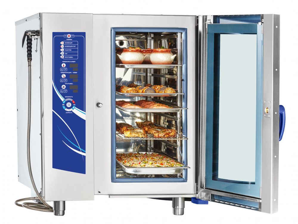 11000035562 Абат Пароконвектомат ПКА 10-1/1ВМ2 (инжекционный, 10хGN-1/1, память на 110 программ приготовления, без г/емкостей, 3х-канальный щуп, регулировка влажности, 5 скоростей вращения вентилятора, лицо нерж.)
