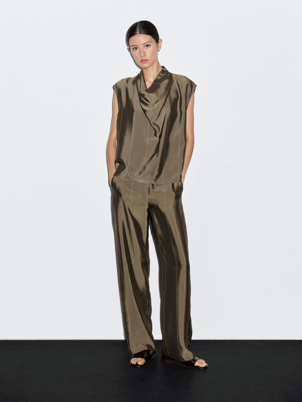 Massimo Dutti Блуза из струящейся ткани в полоску, хаки