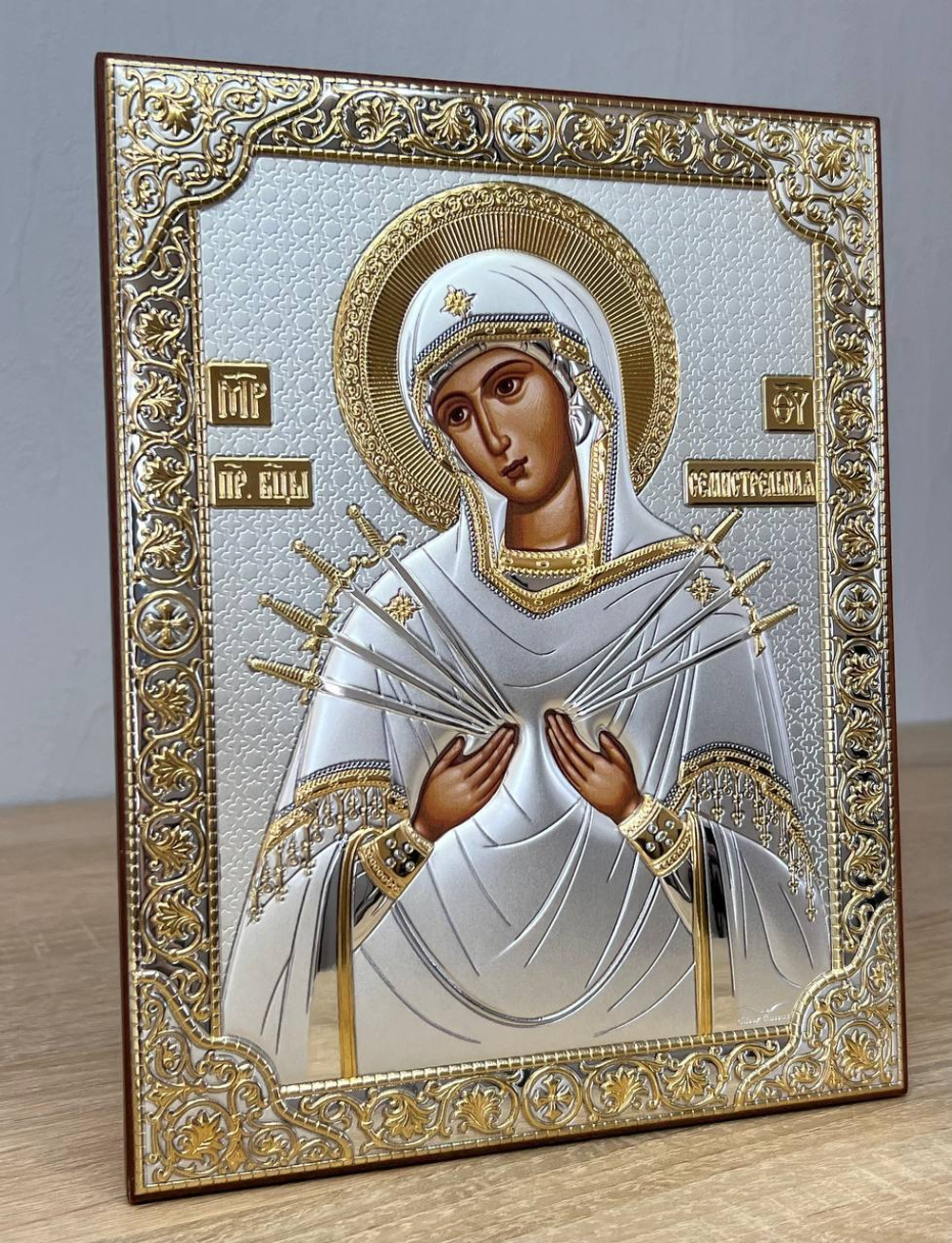 Семистрельная БМ, икона прямоугольная без рамки, красное дерево 120х160