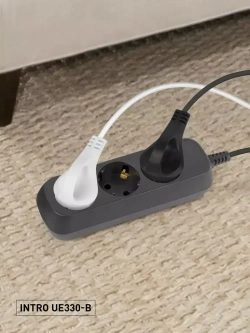 Удлинитель Intro UE330-B сетевой электрический бытовой с заземлением 3 розетки, 3 м, ПВС 3х0,75 мм2, 10А, черный