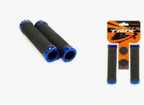 Грипсы TRIX, резиновые, 130мм, алюминиевые фиксаторы на руль синие - 4шт., с заглушками руля, черные(100)