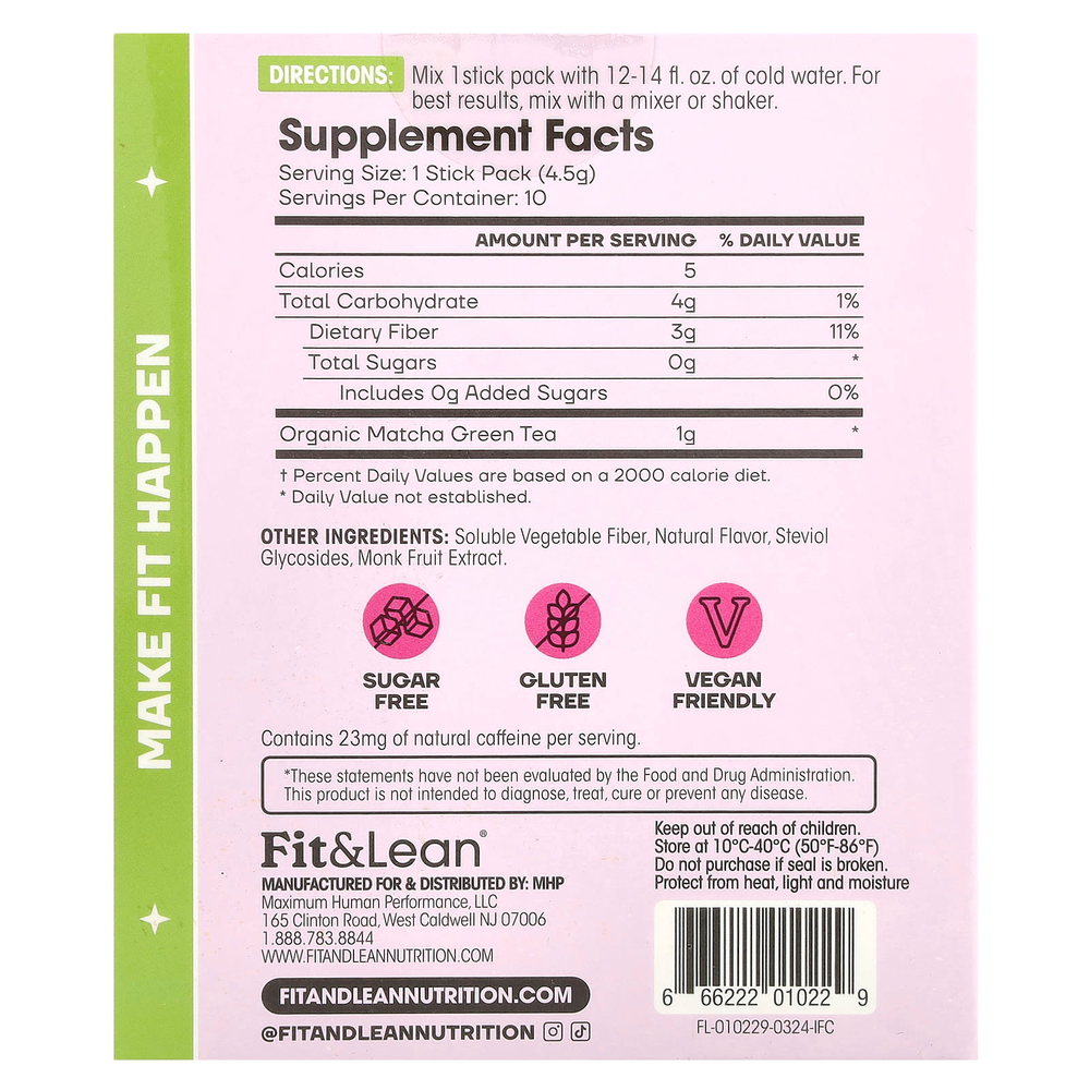 Fit & Lean, Чай со льдом Matcha Amore, малиновый чай, 10 пакетиков в стиках по 4,5 г (0,16 унции)