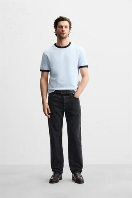 ZARA БАЗОВАЯ ФУТБОЛКА С КОНТРАСТНЫМИ ДЕТАЛЯМИ В РУБЧИК, НЕБЕСНО-ГОЛУБОЙ