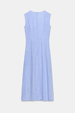 ZARA ЛЬНЯНОЕ ПЛАТЬЕ МИДИ СО СКЛАДКАМИ, СИНИЙ