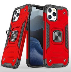 Противоударный чехол для iPhone 12 Pro Max красный с пластиной для магнитного автодержателя и кольцом подставкой