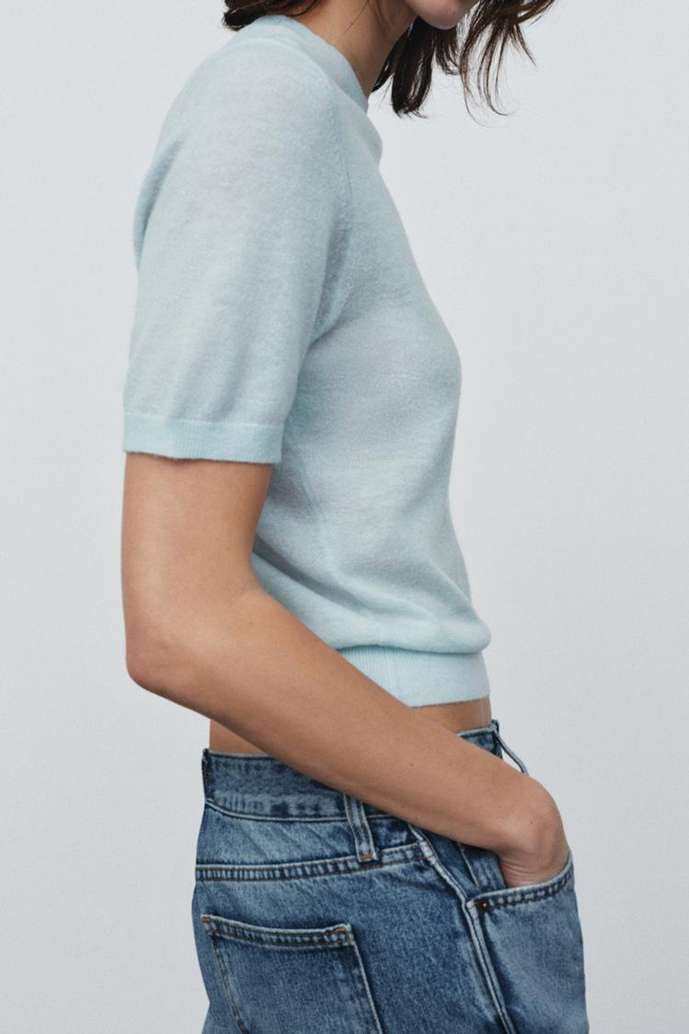 ZARA СВИТЕР ИЗ СМЕСОВОЙ ШЕРСТИ С КОРОТКИМИ РУКАВАМИ, ПАСТЕЛЬНО-СИНИЙ