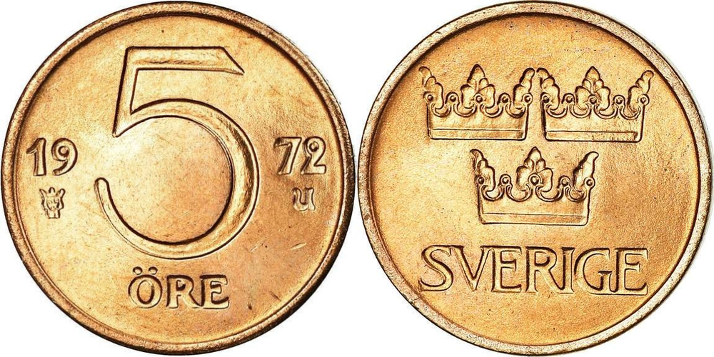 Швеция 5 эре, 1972 - 1973 Король Густав VI Адольф XF