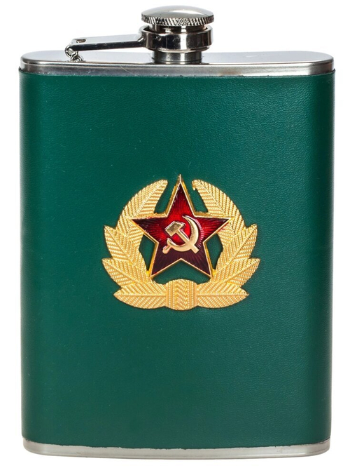 Нержавеющая фляжка с кокардой СА (обтянутая кожей зеленого цвета, металлическая накладка)