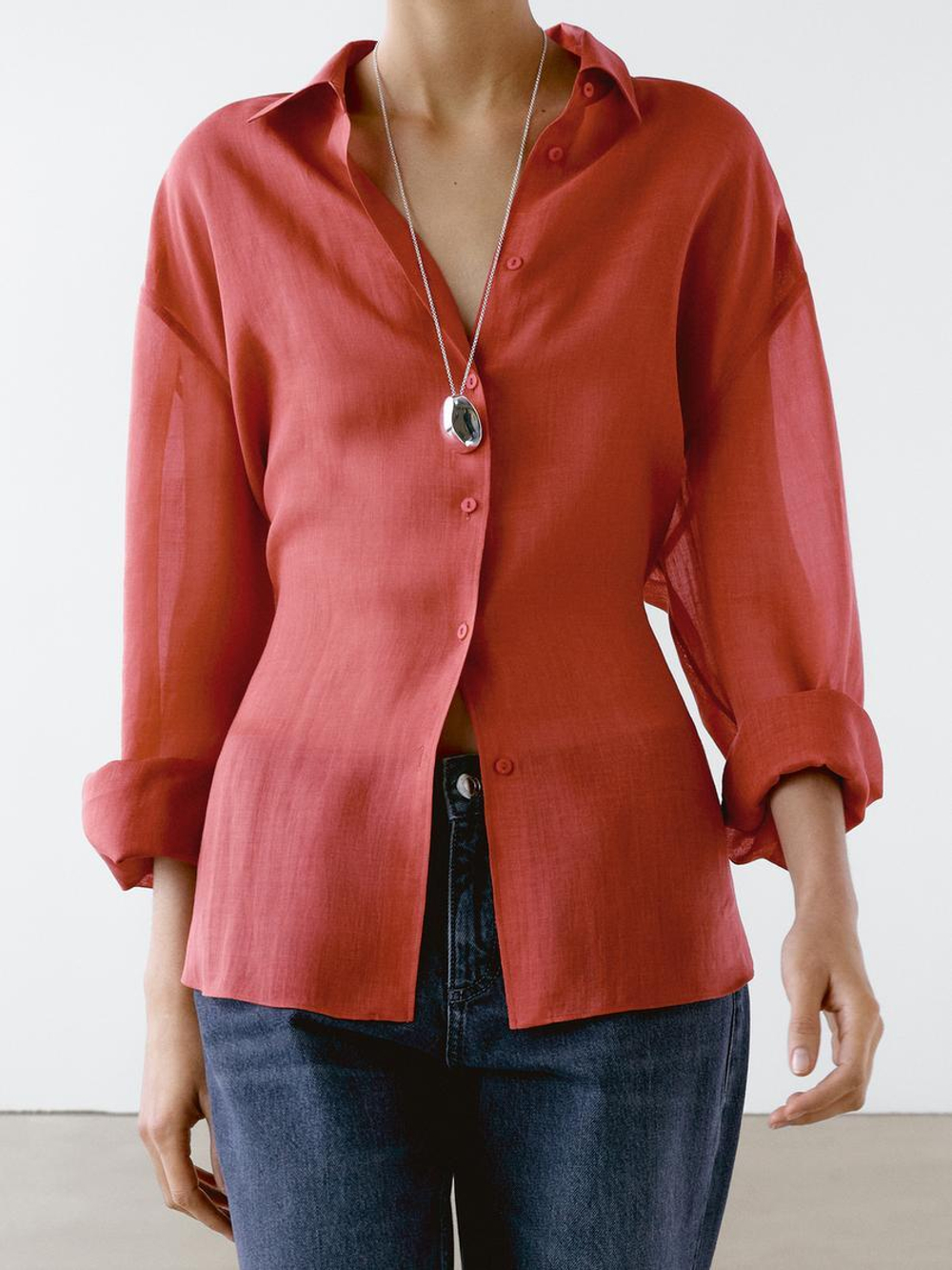 Massimo Dutti Рубашка свободного кроя из смесовой ткани рами, вишнево-красный