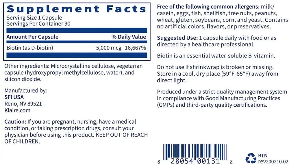 Klaire Labs - Biotin 5000 mcg 90 capsules