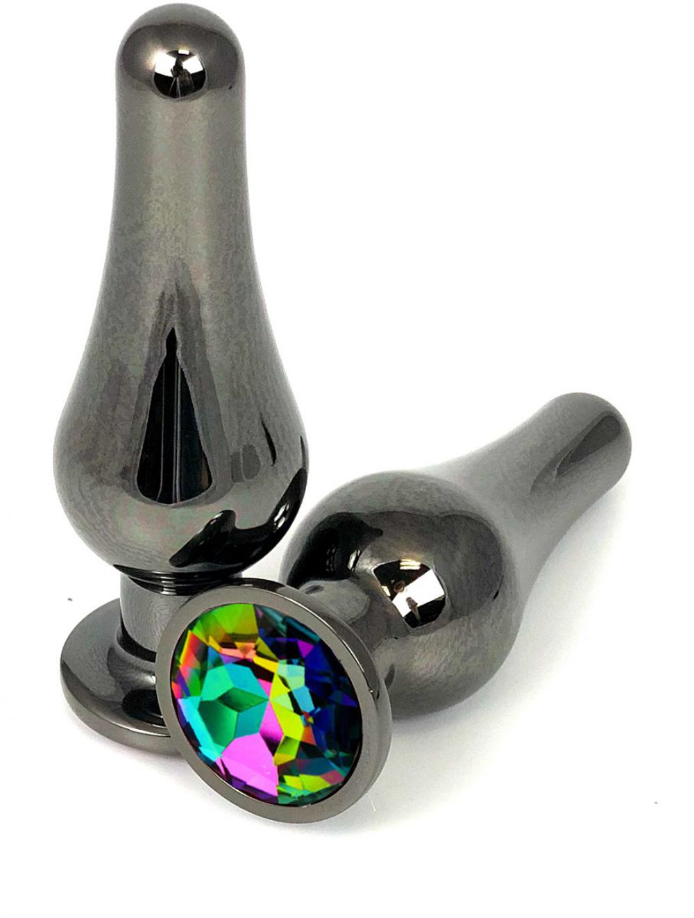 Черная удлиненная анальная пробка с разноцветным кристаллом - 8 см. (Цвет: разноцветный)