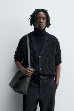 ZARA КАРДИГАН ИЗ РУБЧИКОВОГО ТРИКОТАЖА, МОРСКОЙ ТЕМНО-СИНИЙ