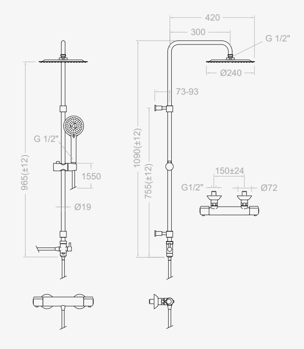 Душевая система с термостатом и тропическим душем для ванны TERMOJET T300RP240