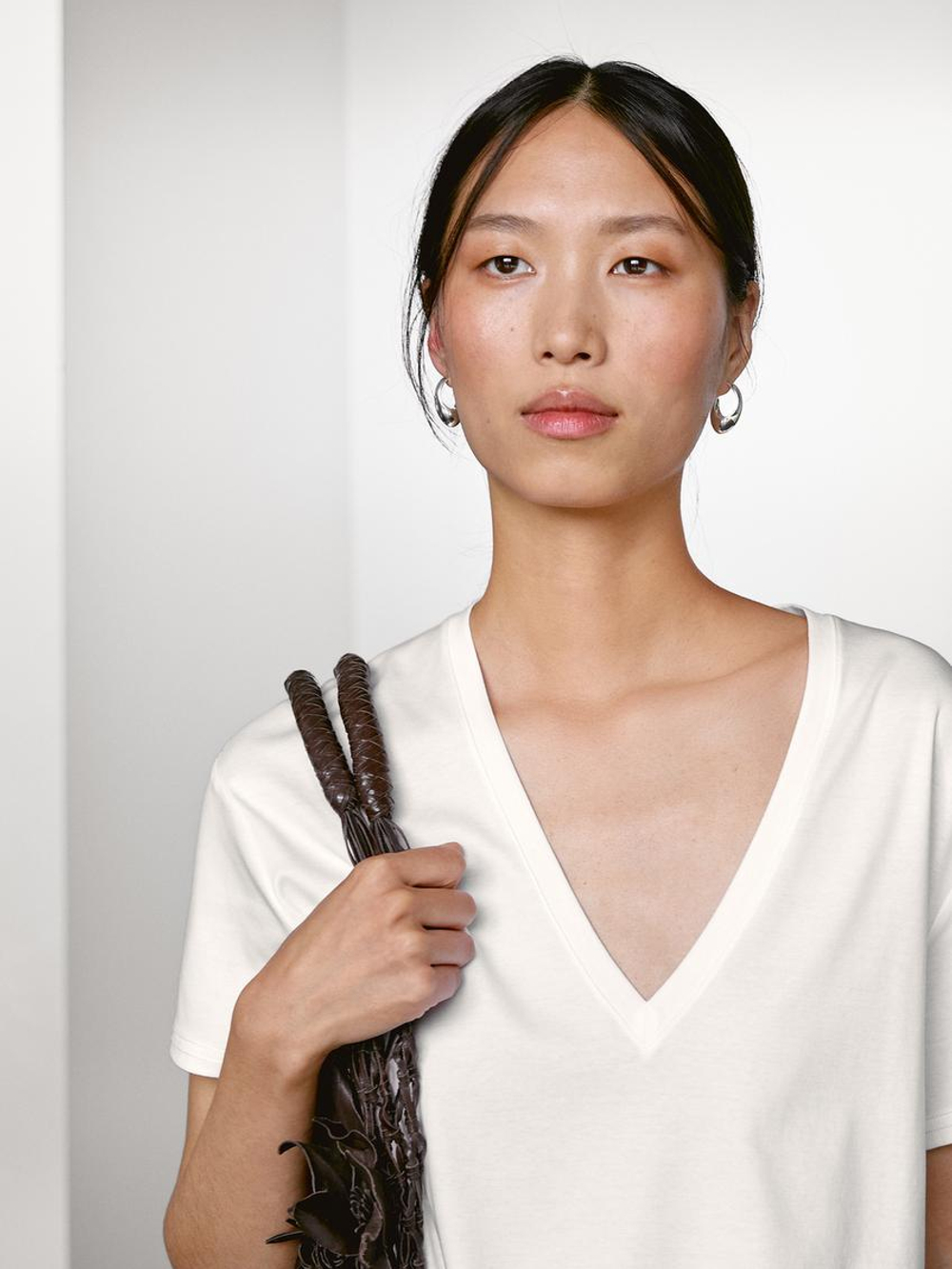 Massimo Dutti Футболка из 100% хлопка с V-образным вырезом, белый