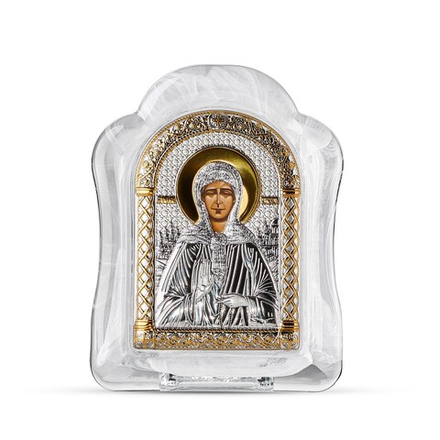 Матрона, икона арочная, белое муранское стекло 103х147
