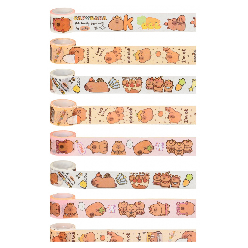 Набор разноцветная клейкая лента 9 штук и диспенсер, серия Капибара (декоративный детский скотч с рисунками канцелярский) MC-Basir
