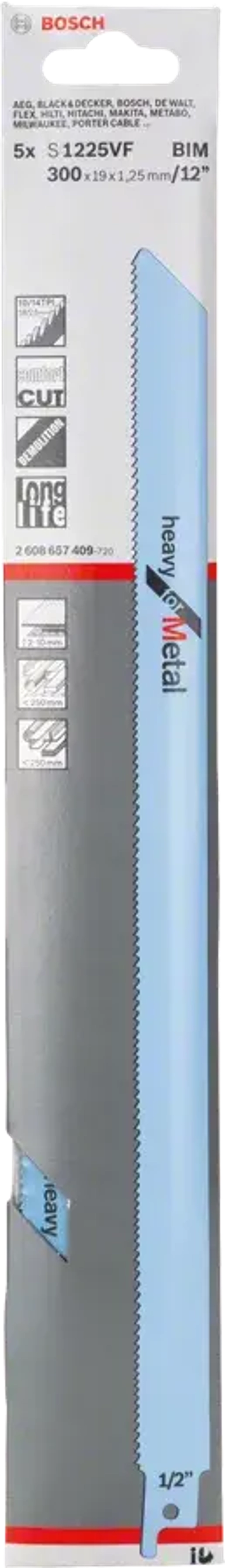 Сабельное пильное полотно S 1225 VF Heavy for Metal, 5 шт BOSCH 2608657409