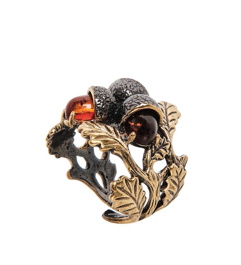 AM-2521 Кольцо «Желуди трио» (латунь, янтарь)