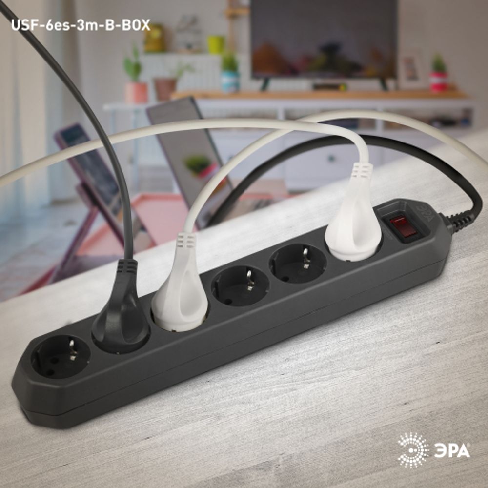 Сетевой фильтр ЭРА USF-6es-3m-B с базовой защитой с заземлением с выключателем 6 розеток 3м 10А черный