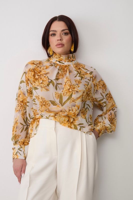 Блузка из шифона с бантом, цветочный принт, желтый