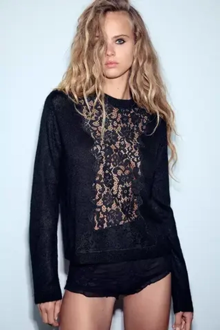 ZARA СВИТЕР С КОНТРАСТНЫМ КРУЖЕВОМ, ЧЕРНЫЙ