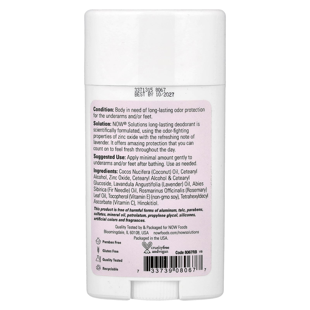 NOW Foods, Solutions, дезодорант-карандаш длительного действия, освежающая лаванда, 62 г (2,2 унции)
