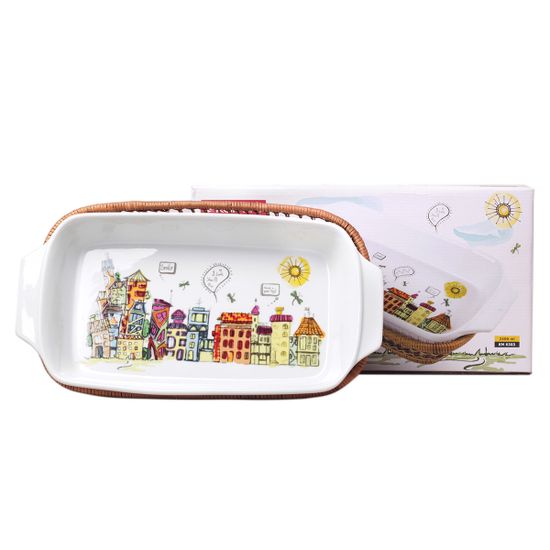 Форма керамическая для запекания 2,4 л. прямоугольная Kamille KM-6303 (41х20х6 см) с ротанговой корзинкой