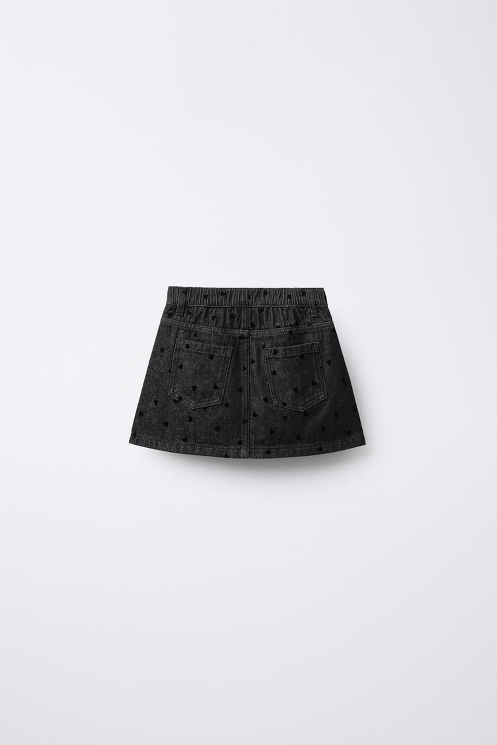 ZARA ДЖИНСОВАЯ ЮБКА С ФЛОКИРОВАННЫМИ СЕРДЦАМИ, ЧЕРНЫЙ