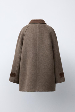 ZARA ПАЛЬТО ИЗ КОНТРАСТНОГО ВЕЛЬВЕТА С ШЕРСТЬЮ, СЕРОВАТО-КОРИЧНЕВЫЙ