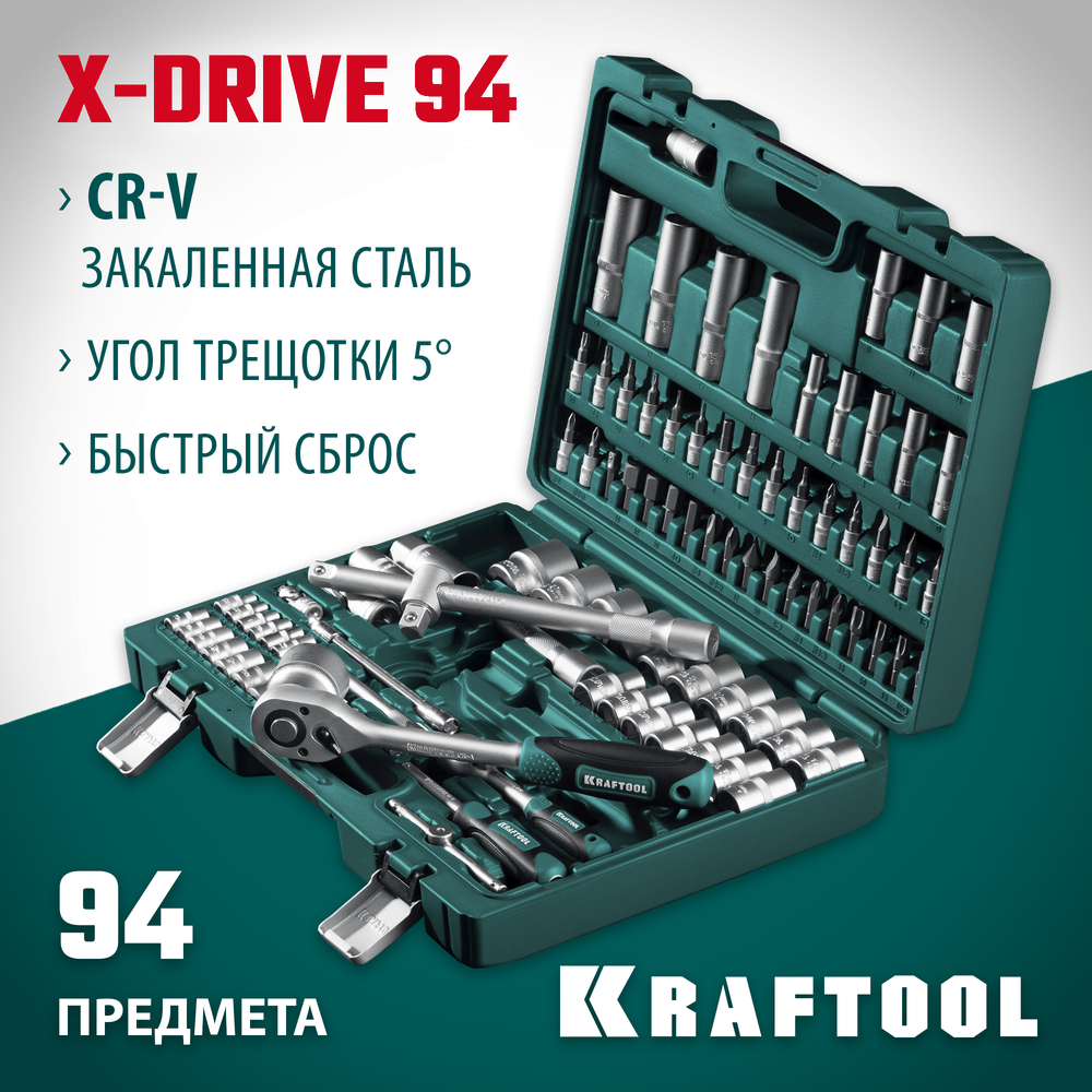 KRAFTOOL X-Drive 94, 94 предм., (1/2″+1/4″), универсальный набор инструмента (27883-H95)