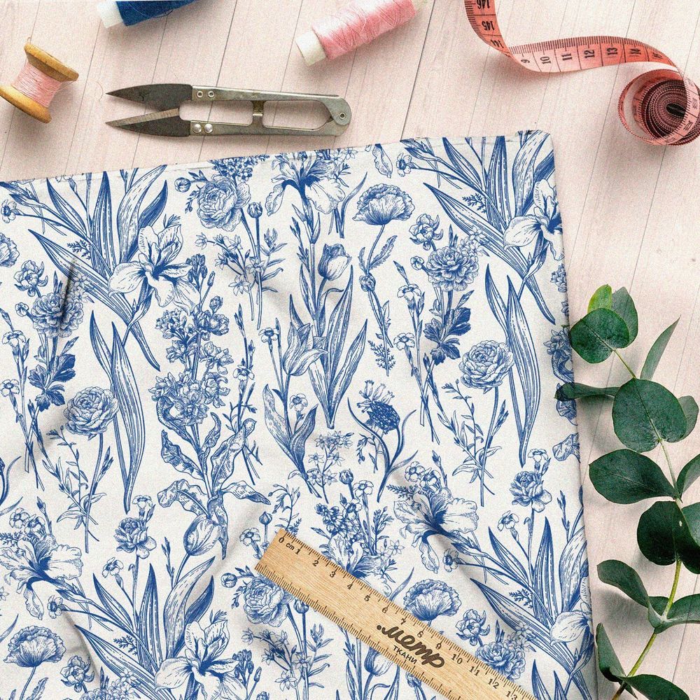 Ткань лен цветы голубого и синего оттенка