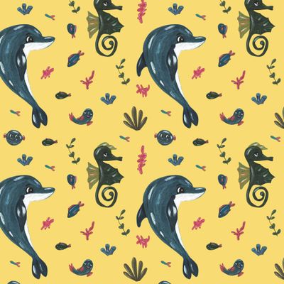 Морской конек и дельфин на горчичном фоне