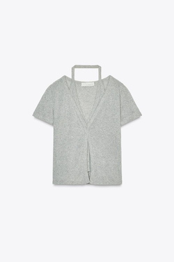 ZARA ДВУХСЛОЙНЫЙ ТОП С ГОРЛОВИНОЙ ХАЛТЕР, СЕРЫЙ С МЕЛАНЖЕВЫМ ЭФФЕКТОМ