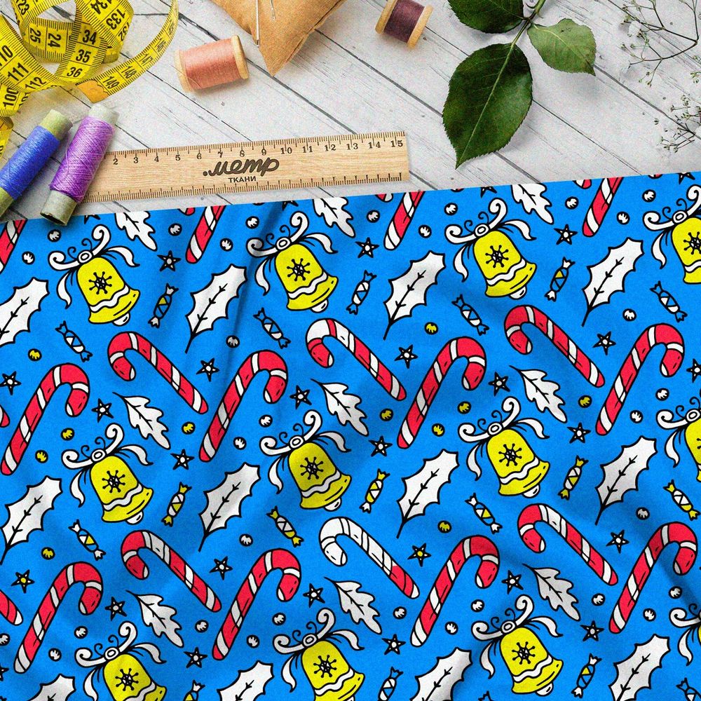 Ткань оксфорд 600 рождественские леденцы и жёлтые колокольчики