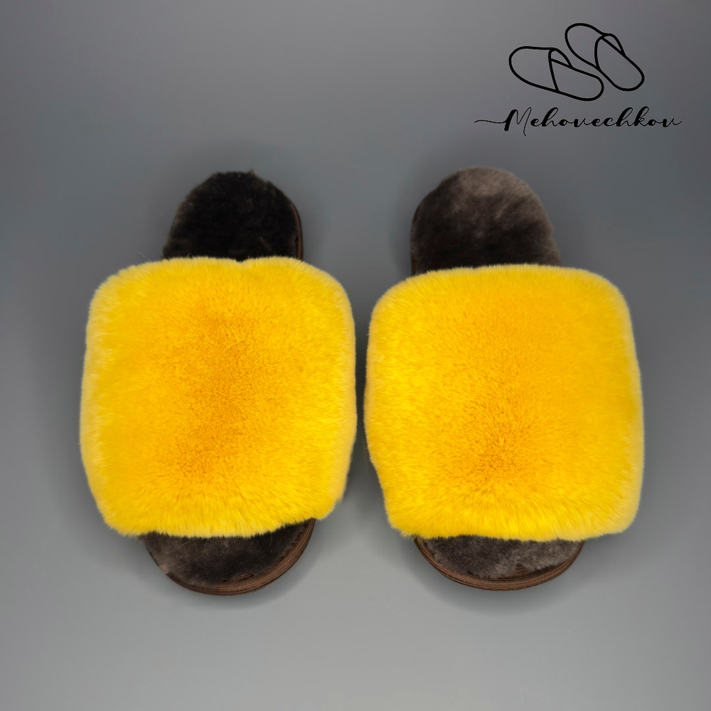Тапочки для дома из меха кролика| Горчичный