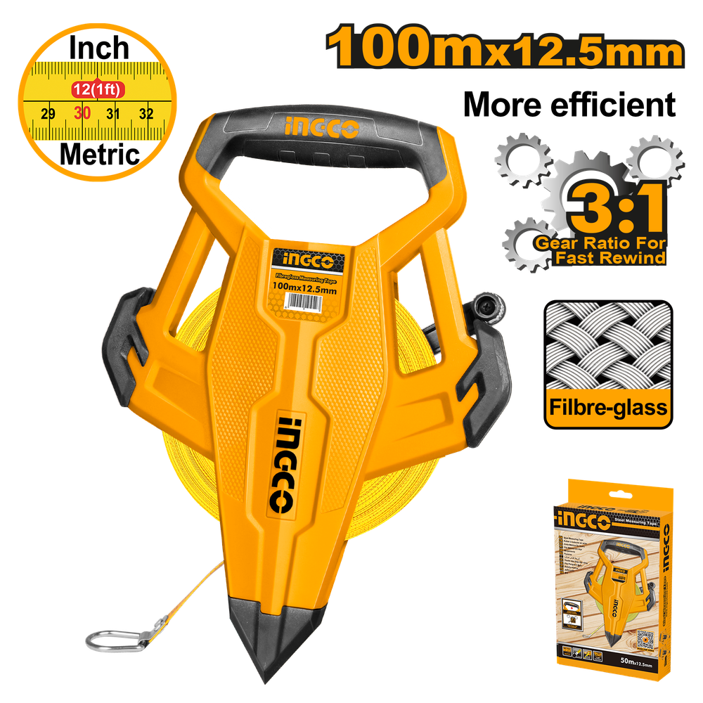 Мерная лента фиберглассовая INGCO HFMT83100 INDUSTRIAL 100 м