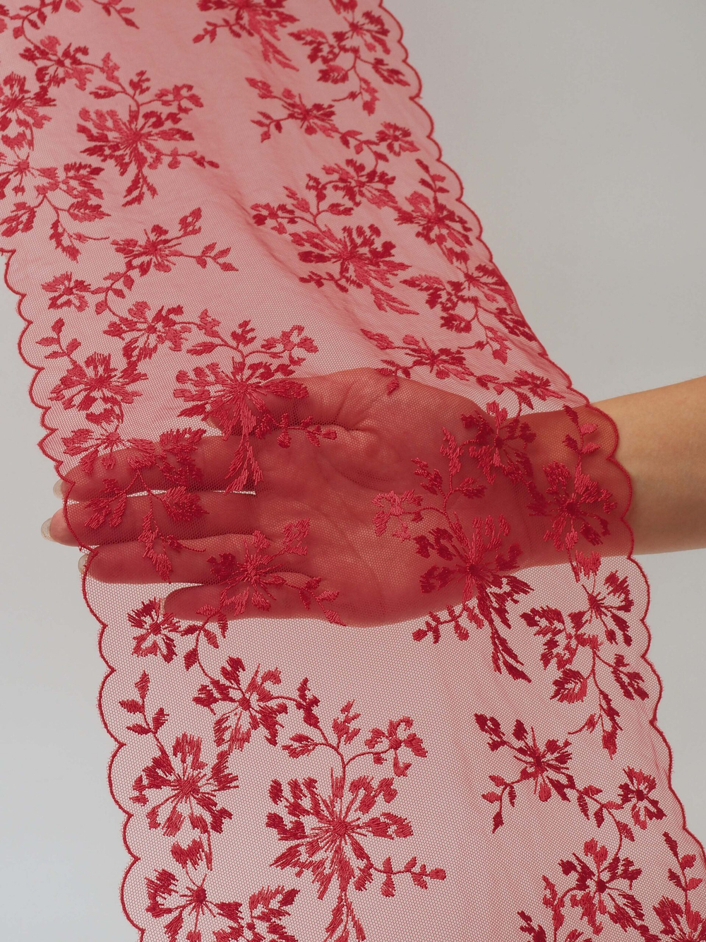 Вышивка на сетке красная неэластичная ширина 20 см