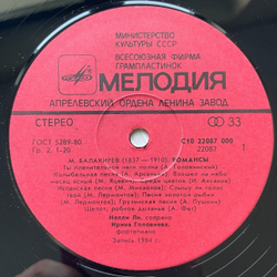 Винтажная виниловая пластинка LP Mily Balakirev Romances Милий Балакирев Романсы (СССР 1985)