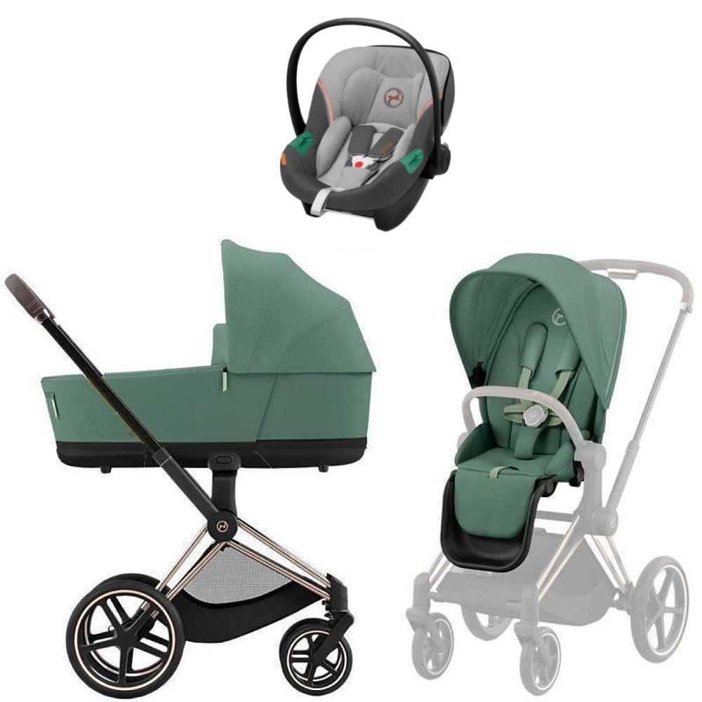 Коляска Cybex Priam IV Rosegold complete Aton S2 Lava Grey Base One 4 в 1 Leaf Green