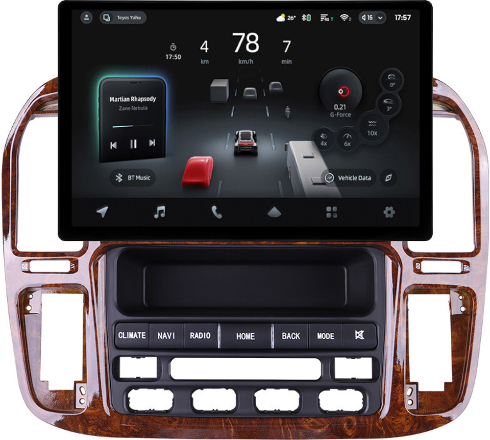 Магнитола для Toyota Land Cruiser 100, Lexus LX470 1998-2002 (климат на ШГУ, рамка дерево) - Teyes CC4-PRO монитор 13" 2K QLED на Android 13, Snapdragon 778G, 8+128, AI, CarPlay, DSP, 4G SIM-слот