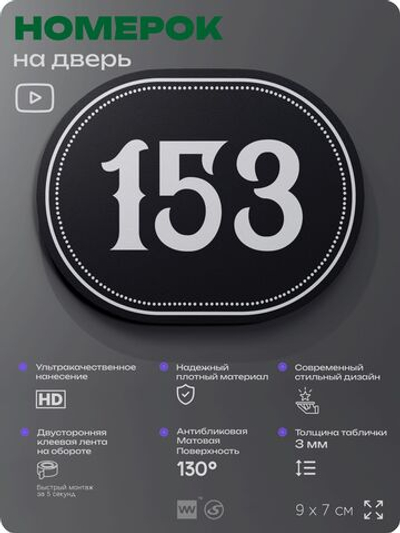 Номерок на дверь квартиры 153, для кабинета, офиса, шильдик 9 х 7 см, черный, Айдентика Технолоджи