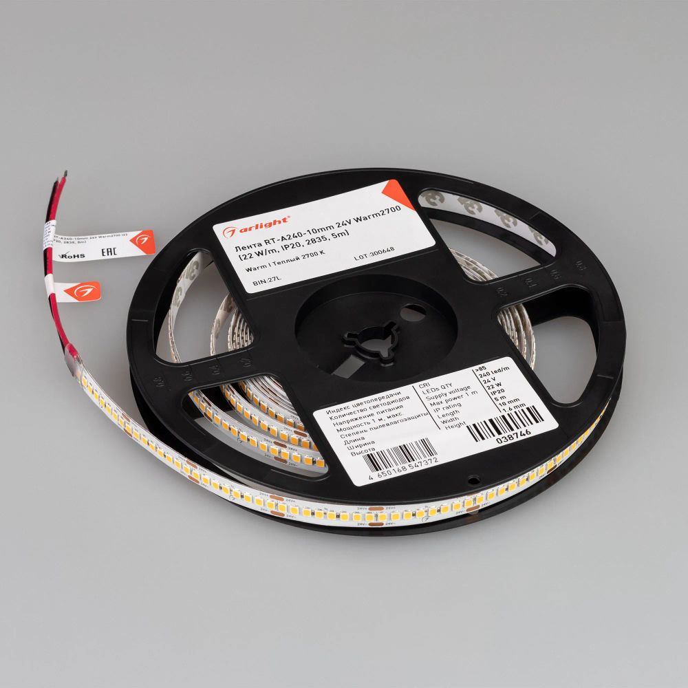 Светодиодная лента RT-A240-10mm 24V Warm2700 (22 W/m, IP20, 2835, 5m) (Arlight, высок.эфф.150 лм/Вт) 038746