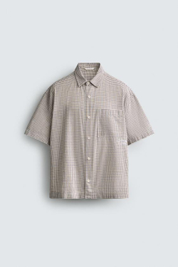 ZARА РУБАШКА RELAXED FIT В КЛЕТКУ С ВЫШИВКОЙ, СИНИЙ