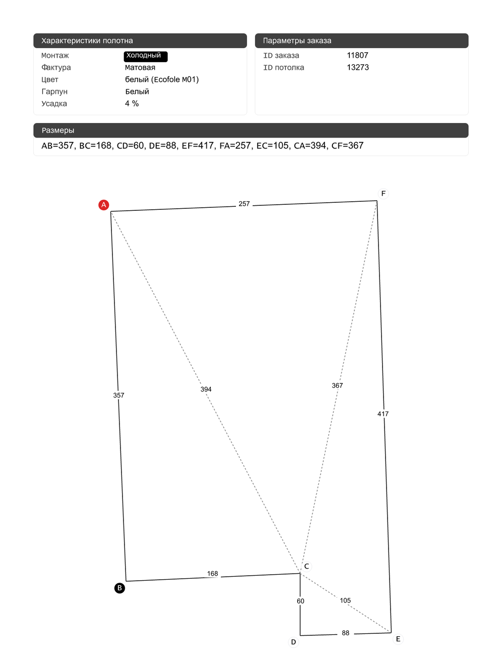 Матовый натяжной потолок 9.6 м2