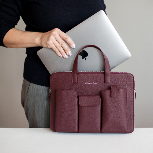 Сумка для MacBook Pro 13 - 14 с карманами из кожи теленка, бордового цвета