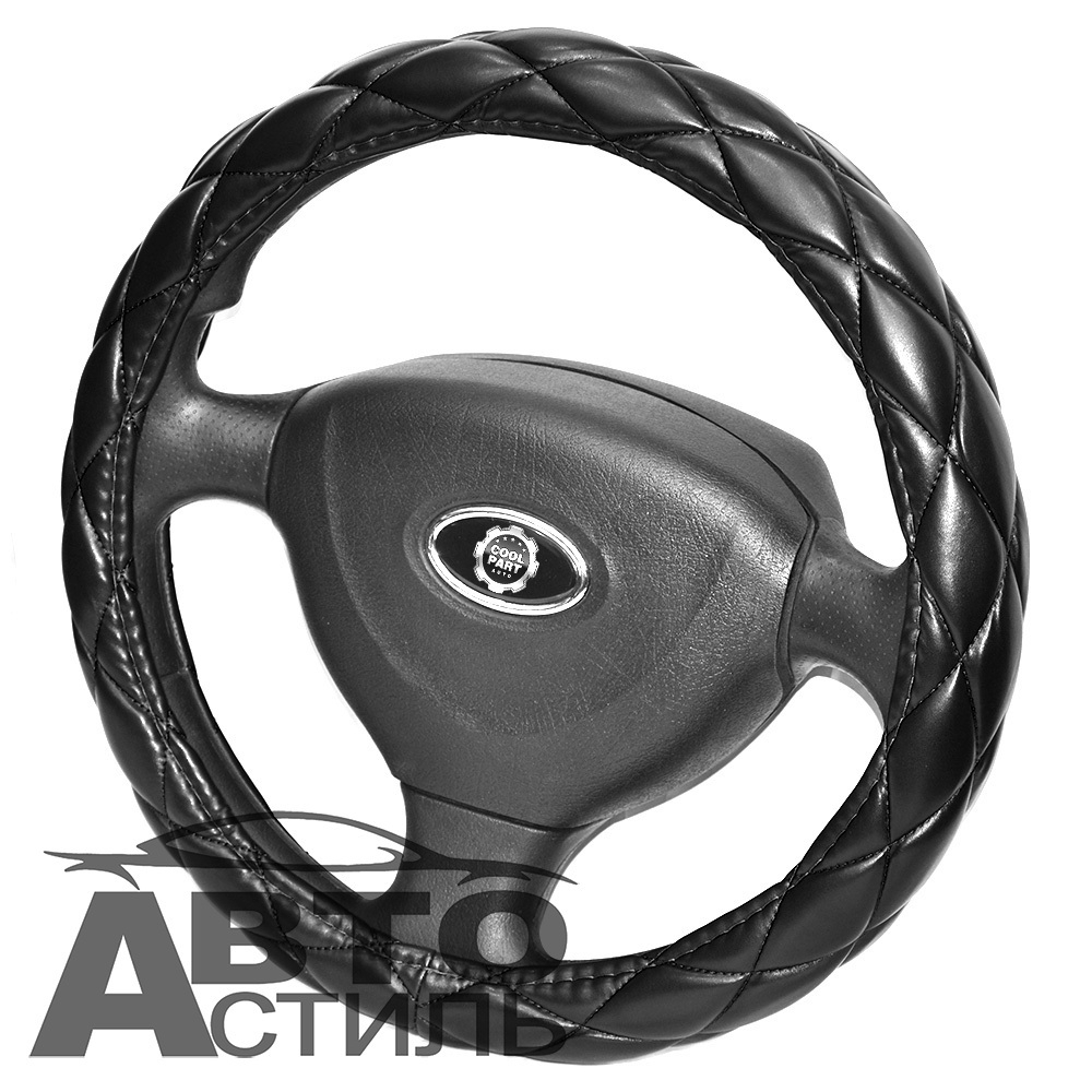 Оплетка на руль круглая Coolpart MAXIMAL (37*38) к/з черный/черный шов РОМБ R-01-BLBL
